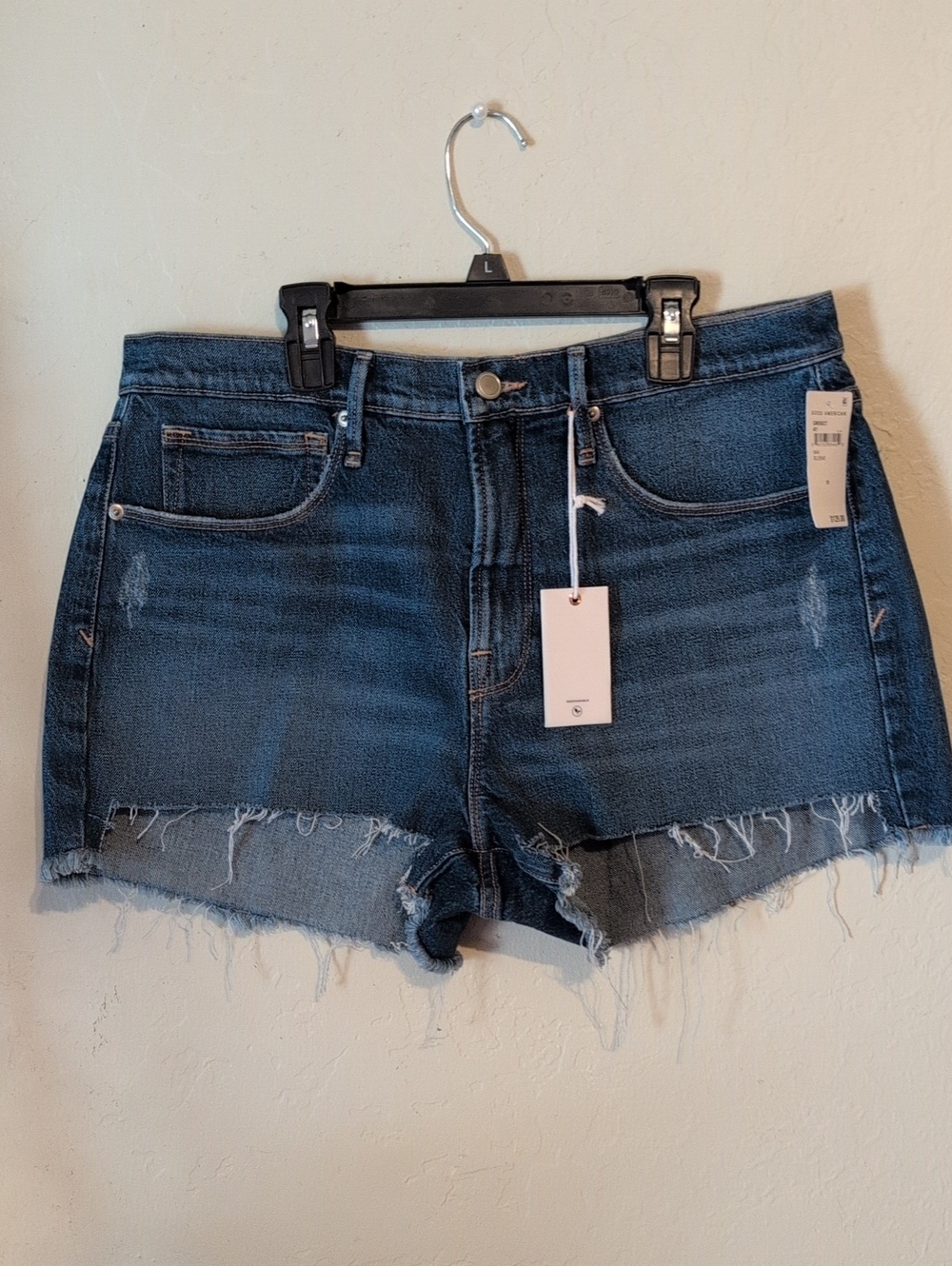 Good American Dark Blue Frayed Hem Denim Shorts